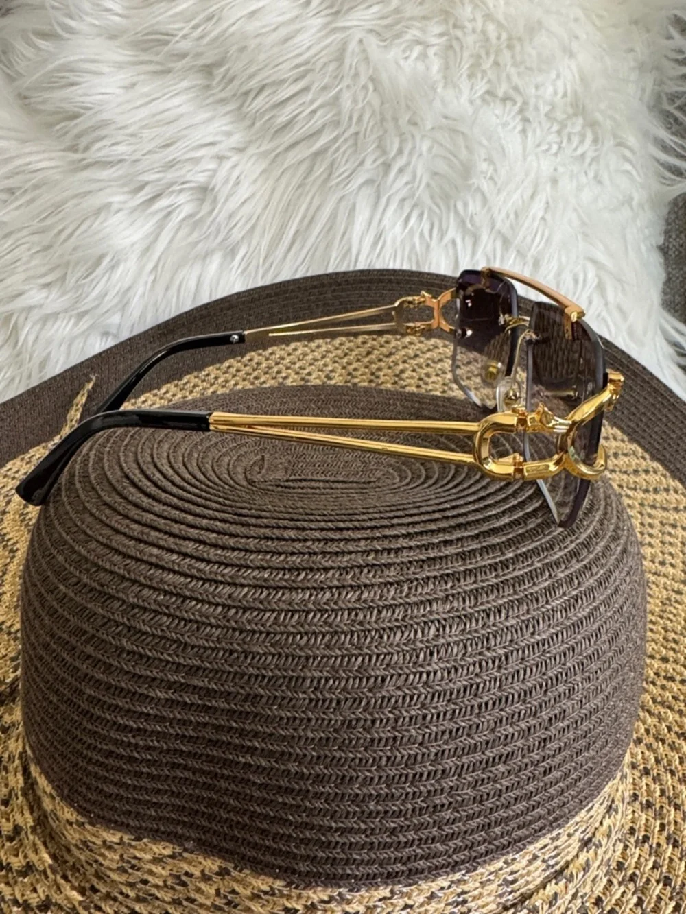 Men's Rimless Sunglasses in Dark Brown with Gold Trim